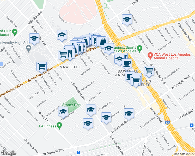 map of restaurants, bars, coffee shops, grocery stores, and more near 1724 Colby Avenue in Los Angeles