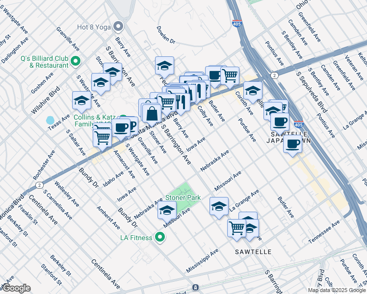 map of restaurants, bars, coffee shops, grocery stores, and more near 1626 Barry Avenue in Los Angeles