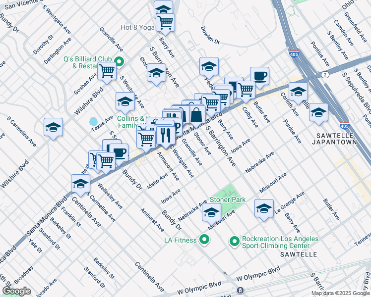 map of restaurants, bars, coffee shops, grocery stores, and more near 1515 Granville Avenue in Los Angeles