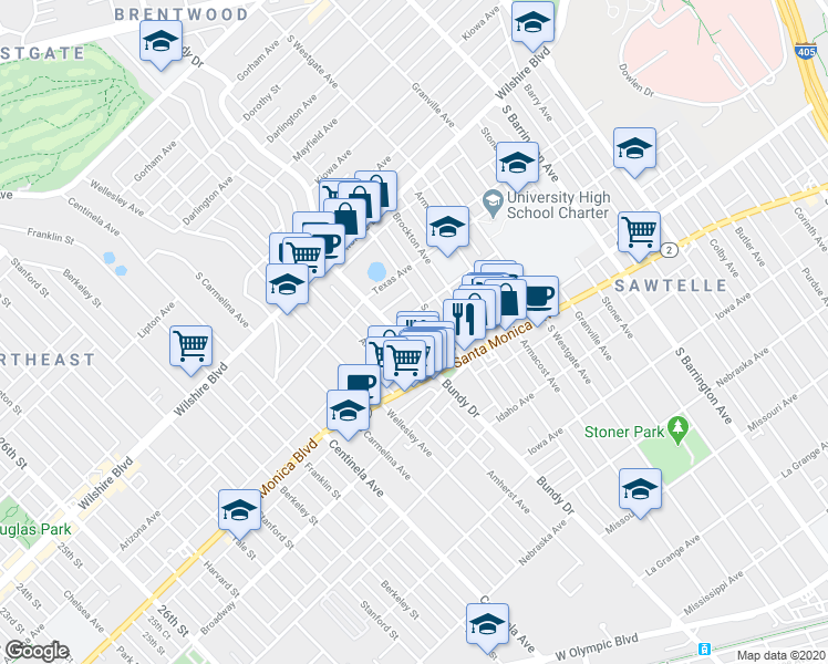 map of restaurants, bars, coffee shops, grocery stores, and more near 12000 Rochester Avenue in Los Angeles