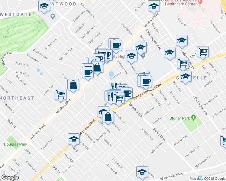 map of restaurants, bars, coffee shops, grocery stores, and more near 1316 South Bundy Drive in Los Angeles