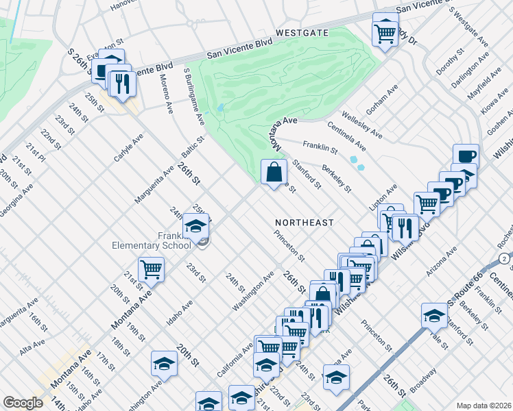 map of restaurants, bars, coffee shops, grocery stores, and more near 2726 Montana Avenue in Santa Monica