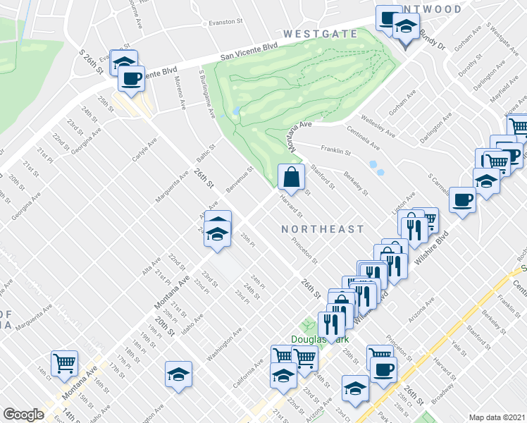map of restaurants, bars, coffee shops, grocery stores, and more near 2722 Montana Avenue in Santa Monica