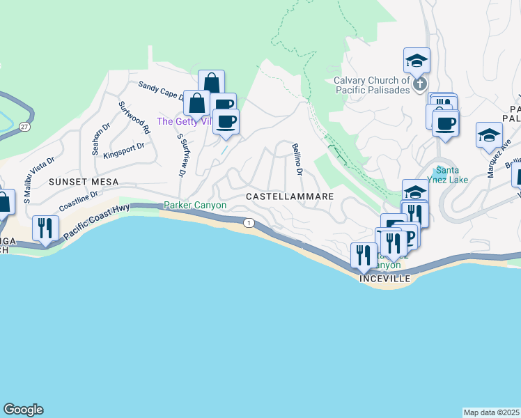 map of restaurants, bars, coffee shops, grocery stores, and more near 17800 Tramonto Drive in Los Angeles