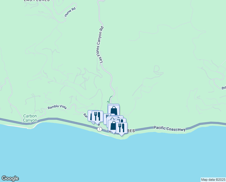 map of restaurants, bars, coffee shops, grocery stores, and more near 3666 Las Flores Canyon Road in Malibu