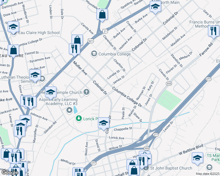 map of restaurants, bars, coffee shops, grocery stores, and more near 1521 Columbia College Drive in Columbia