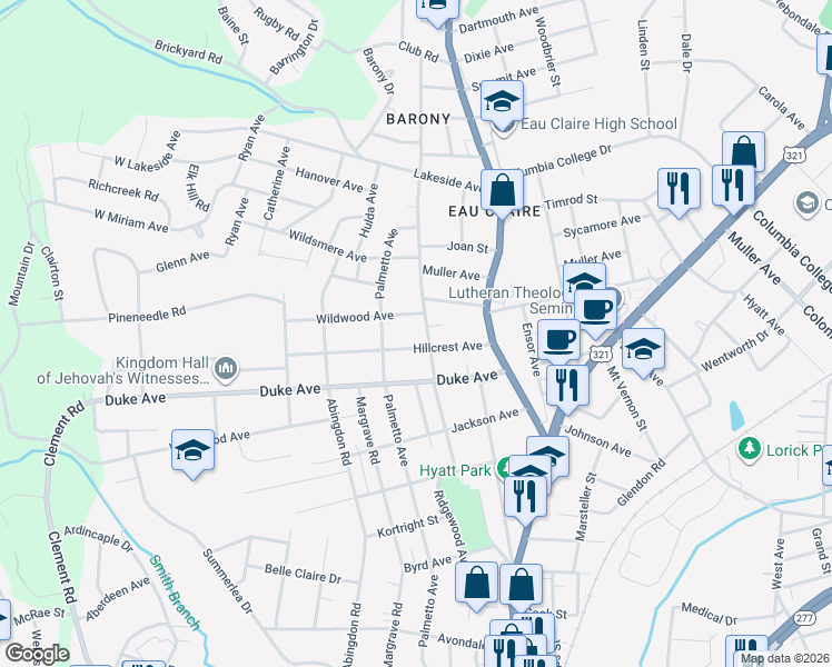 map of restaurants, bars, coffee shops, grocery stores, and more near 517 Wildwood Avenue in Columbia