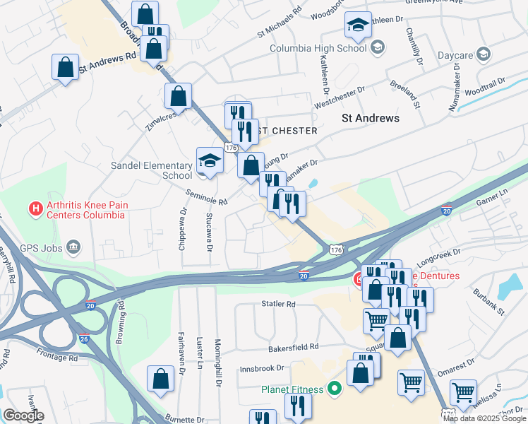 map of restaurants, bars, coffee shops, grocery stores, and more near 2605 Seminole Road in Columbia