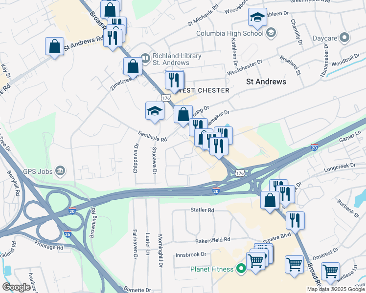 map of restaurants, bars, coffee shops, grocery stores, and more near 2605 Seminole Road in Columbia
