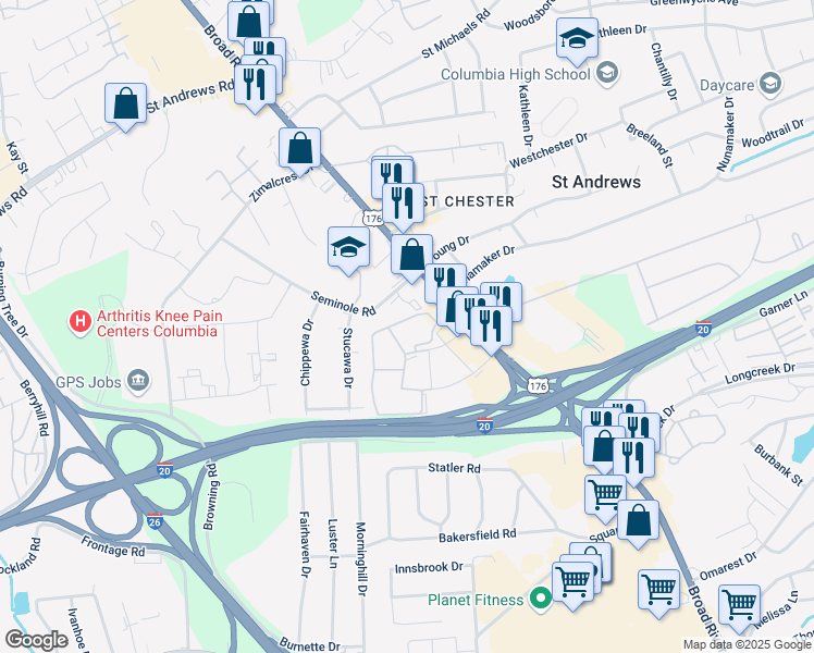 map of restaurants, bars, coffee shops, grocery stores, and more near 2605 Seminole Road in Columbia