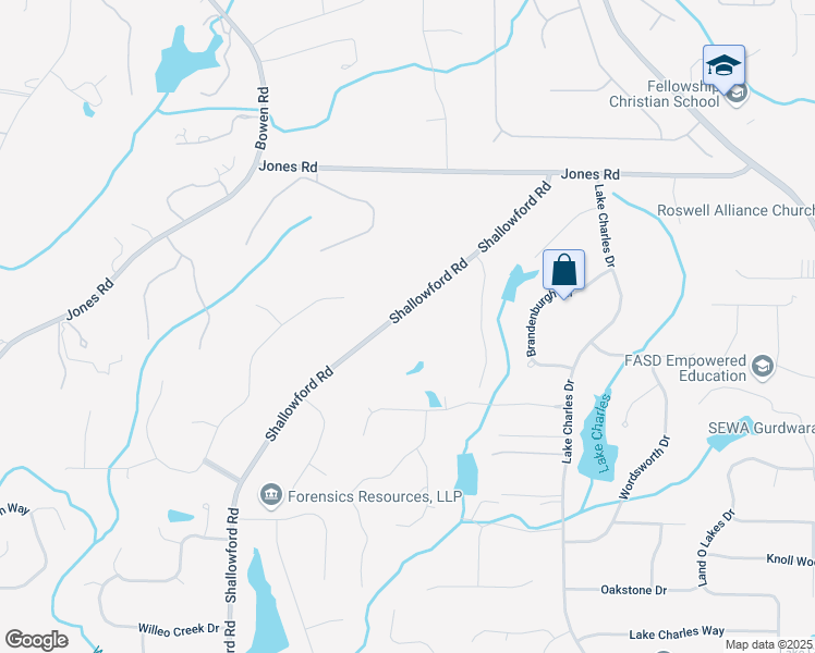 map of restaurants, bars, coffee shops, grocery stores, and more near 10765 Shallowford Road in Roswell