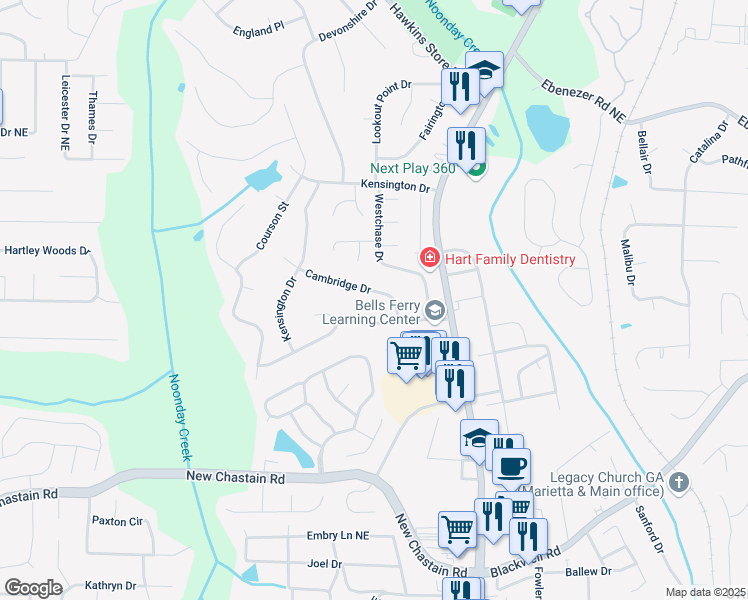 map of restaurants, bars, coffee shops, grocery stores, and more near 630 Cambridge Drive in Marietta