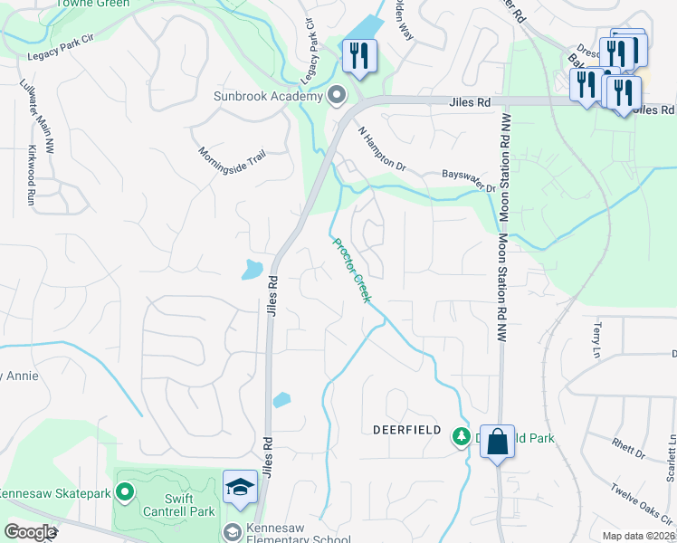map of restaurants, bars, coffee shops, grocery stores, and more near 3675 McGuire Close Northwest in Kennesaw
