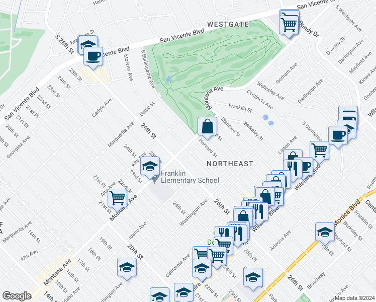 map of restaurants, bars, coffee shops, grocery stores, and more near 2722 Montana Avenue in Santa Monica