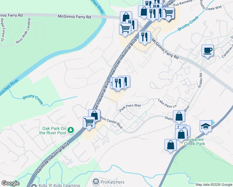 map of restaurants, bars, coffee shops, grocery stores, and more near 1300 Peachtree Industrial Boulevard in Suwanee
