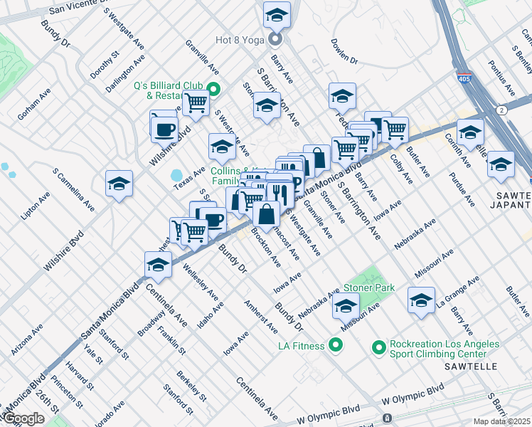 map of restaurants, bars, coffee shops, grocery stores, and more near Santa Monica Blvd & Armacost Ave in Los Angeles
