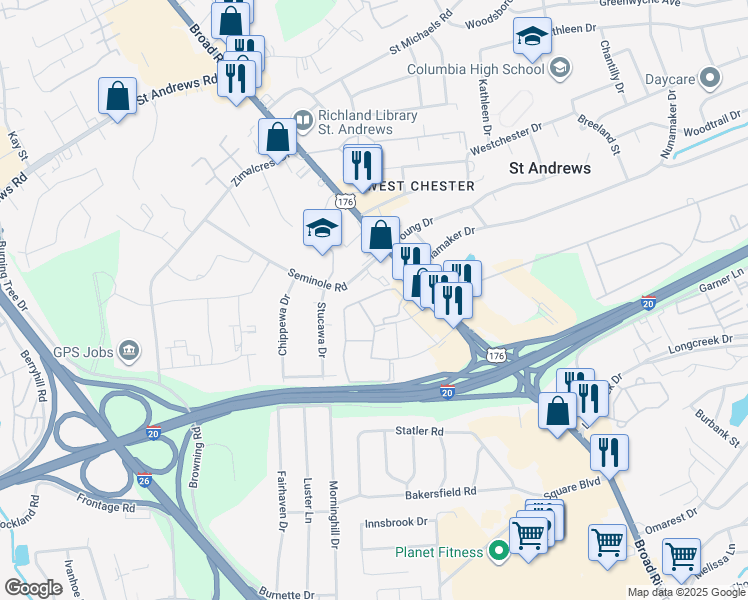 map of restaurants, bars, coffee shops, grocery stores, and more near 2605 Seminole Road in Columbia