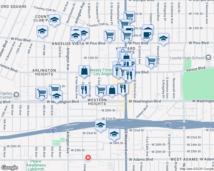 map of restaurants, bars, coffee shops, grocery stores, and more near 1634 South Gramercy Place in Los Angeles