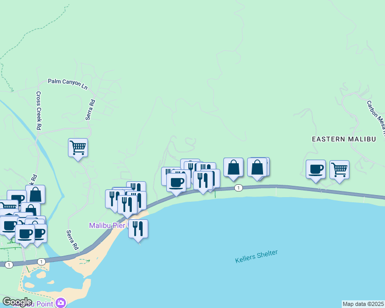 map of restaurants, bars, coffee shops, grocery stores, and more near 3662 Sweetwater Canyon Drive in Malibu