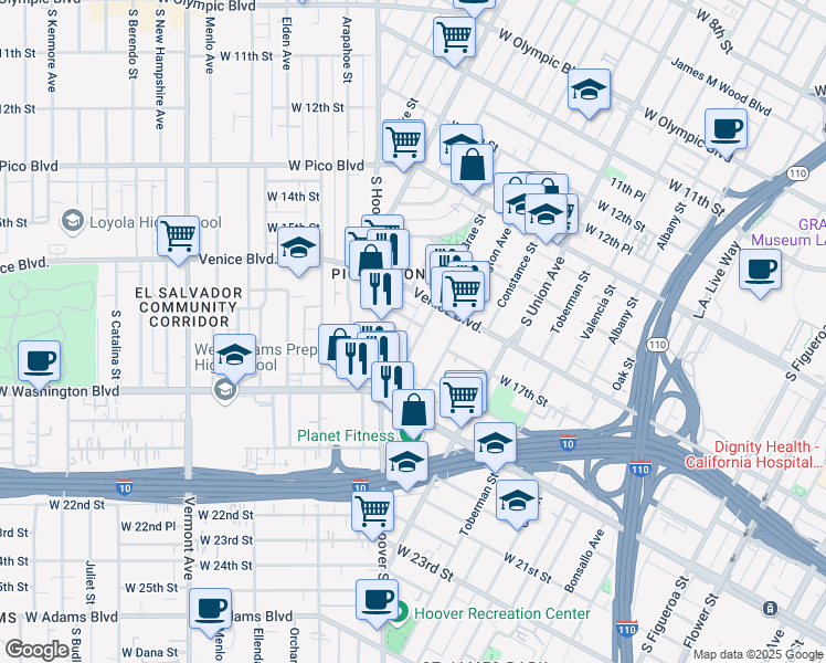 map of restaurants, bars, coffee shops, grocery stores, and more near 1611 South Bonnie Brae Street in Los Angeles