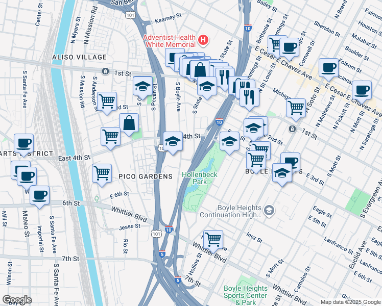 map of restaurants, bars, coffee shops, grocery stores, and more near 443 South State Street in Los Angeles