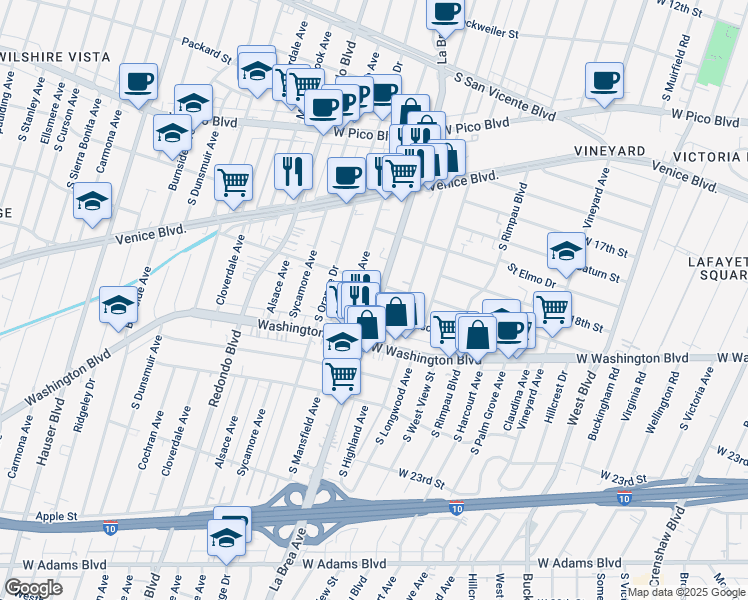 map of restaurants, bars, coffee shops, grocery stores, and more near 4953 Pickford Street in Los Angeles
