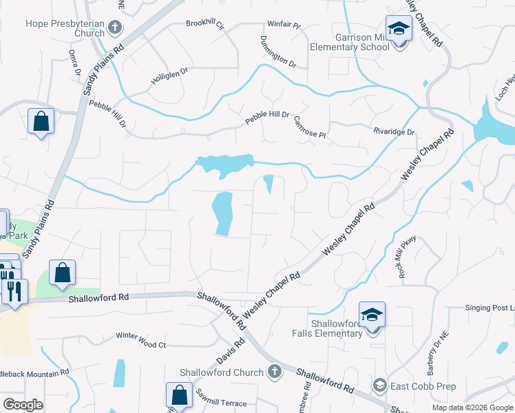map of restaurants, bars, coffee shops, grocery stores, and more near 3789 Cochran Lake Road in Marietta