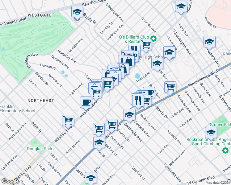 map of restaurants, bars, coffee shops, grocery stores, and more near 1227 Wellesley Avenue in Los Angeles