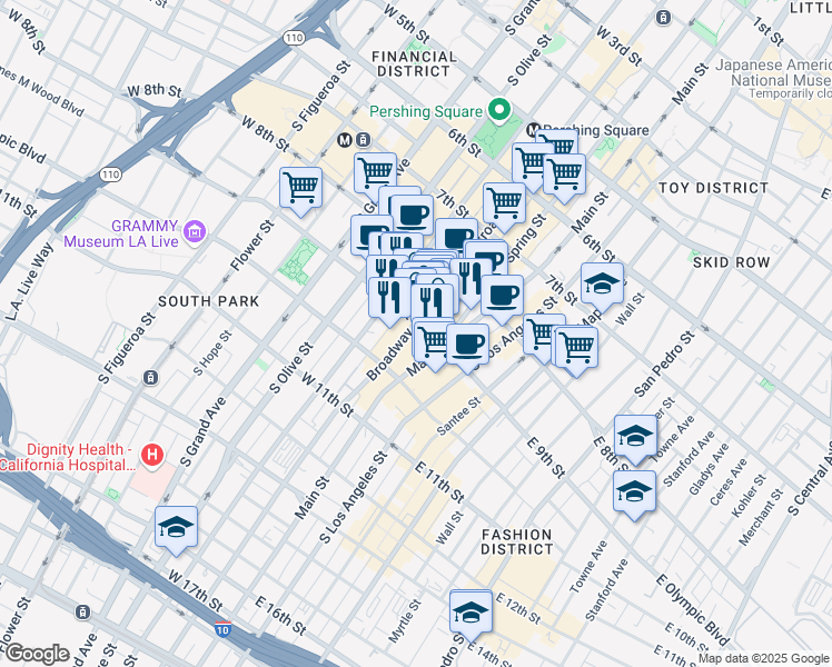 map of restaurants, bars, coffee shops, grocery stores, and more near 850 South Broadway in Los Angeles