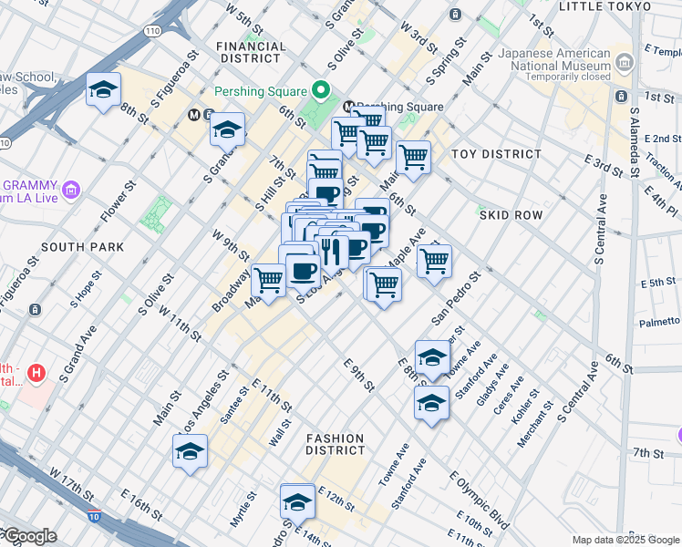 map of restaurants, bars, coffee shops, grocery stores, and more near 113 East 8th Street in Los Angeles