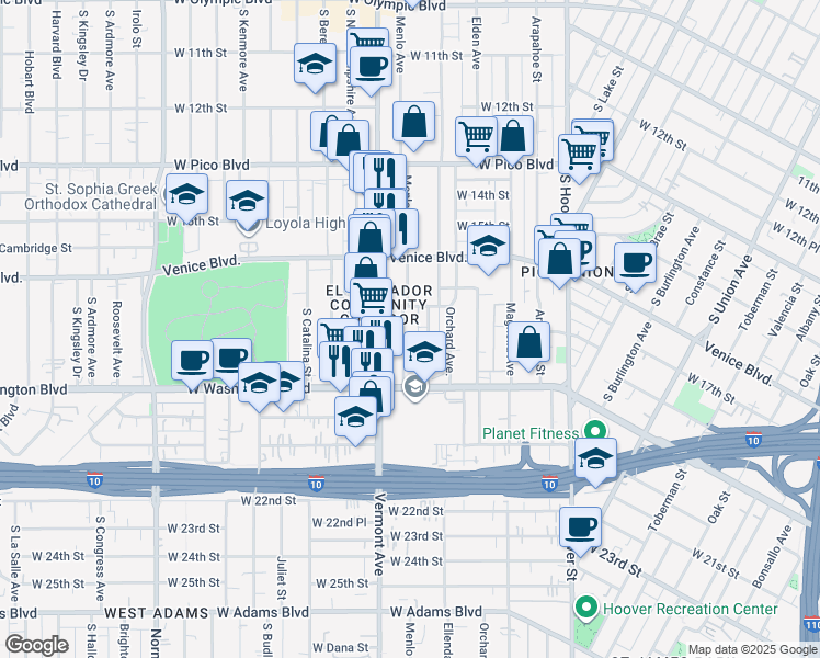 map of restaurants, bars, coffee shops, grocery stores, and more near 1726 Menlo Avenue in Los Angeles