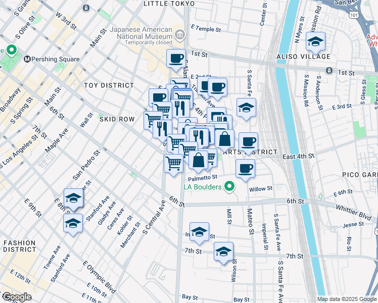 map of restaurants, bars, coffee shops, grocery stores, and more near 426 Alameda Street in Los Angeles