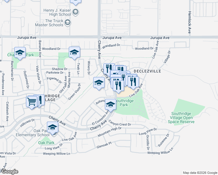 map of restaurants, bars, coffee shops, grocery stores, and more near 11650 Cherry Avenue in Fontana