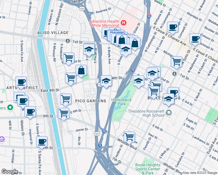 map of restaurants, bars, coffee shops, grocery stores, and more near 416 South Boyle Avenue in Los Angeles