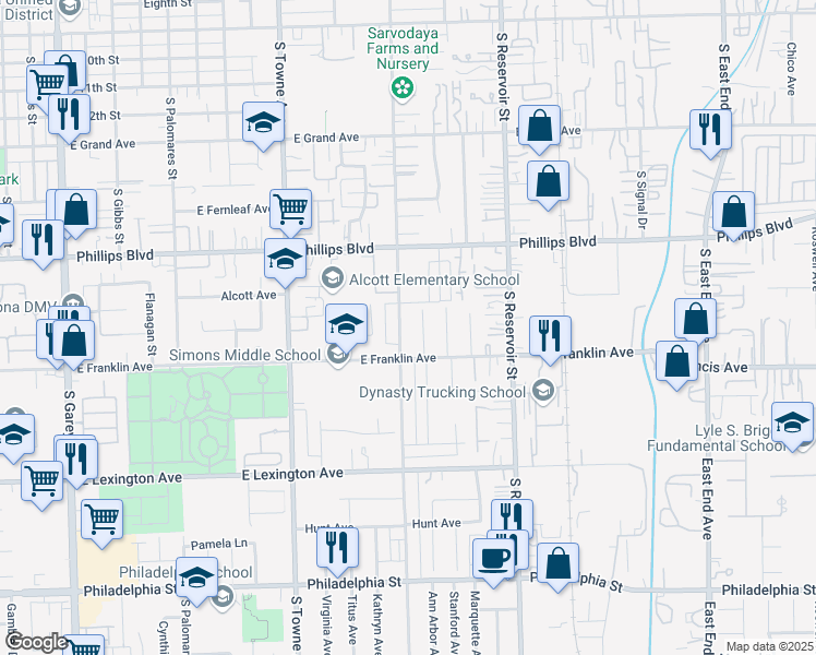 map of restaurants, bars, coffee shops, grocery stores, and more near 1646 South San Antonio Avenue in Pomona