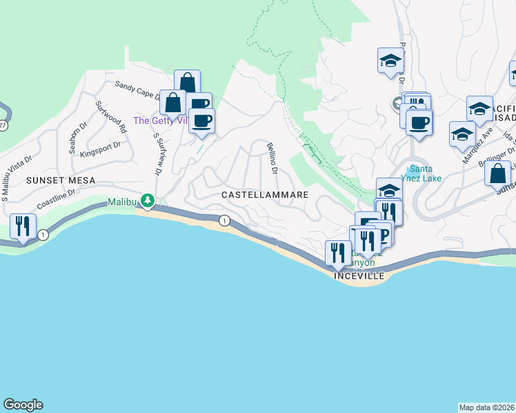 map of restaurants, bars, coffee shops, grocery stores, and more near 17730 Posetano Road in Los Angeles
