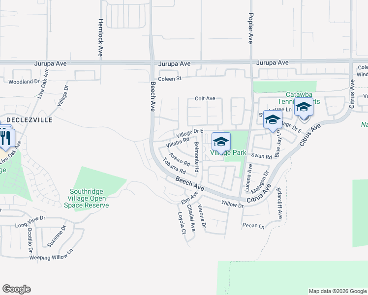 map of restaurants, bars, coffee shops, grocery stores, and more near 11612 Osuma Road in Fontana