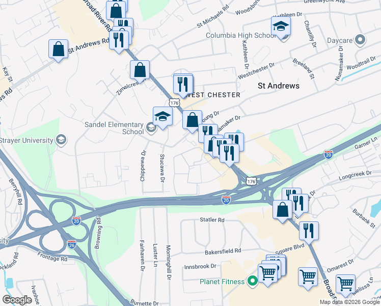 map of restaurants, bars, coffee shops, grocery stores, and more near 2605 Seminole Road in Columbia