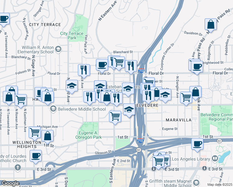 map of restaurants, bars, coffee shops, grocery stores, and more near 4307 Dozier Street in East Los Angeles