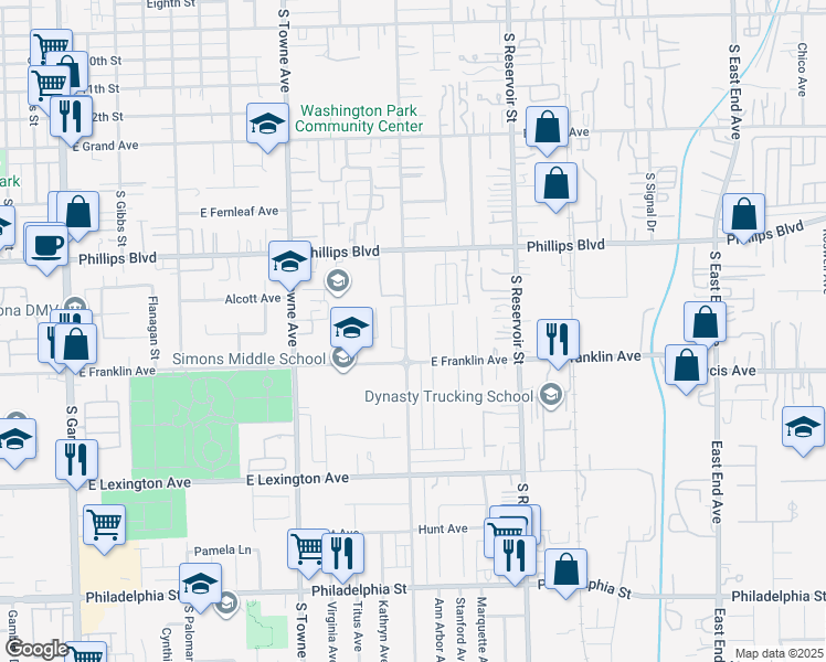 map of restaurants, bars, coffee shops, grocery stores, and more near 1646 South San Antonio Avenue in Pomona