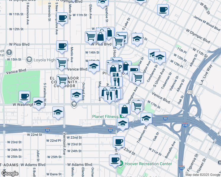 map of restaurants, bars, coffee shops, grocery stores, and more near 1427 West 18th Street in Los Angeles