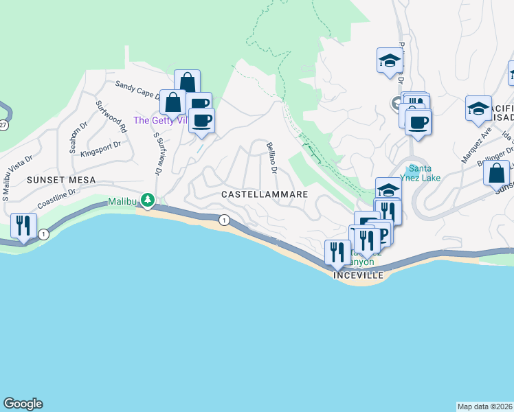 map of restaurants, bars, coffee shops, grocery stores, and more near 17730 Posetano Road in Los Angeles