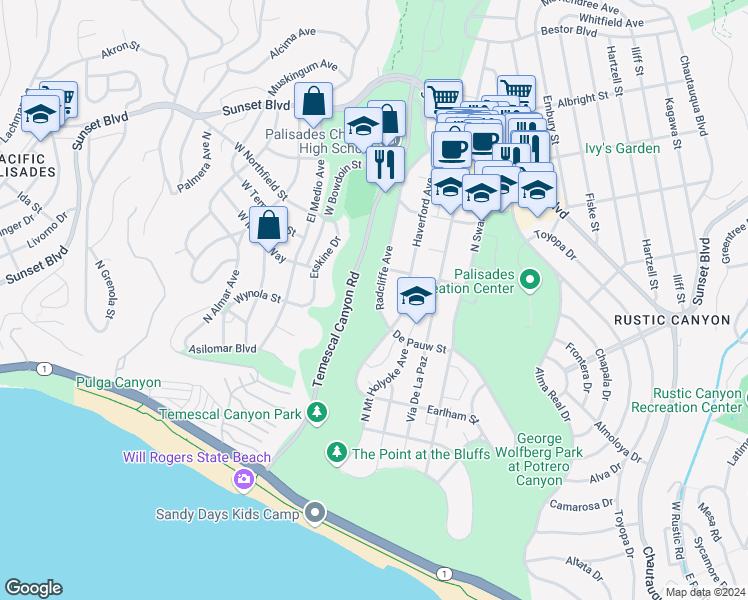 map of restaurants, bars, coffee shops, grocery stores, and more near 633 Radcliffe Avenue in Los Angeles