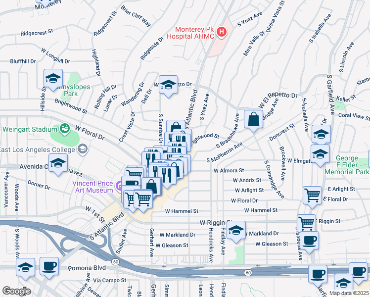 map of restaurants, bars, coffee shops, grocery stores, and more near in Monterey Park