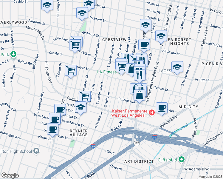 map of restaurants, bars, coffee shops, grocery stores, and more near 1935 South Holt Avenue in Los Angeles