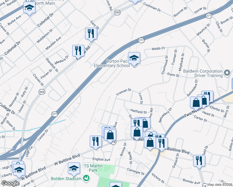 map of restaurants, bars, coffee shops, grocery stores, and more near 3115 Truman Street in Columbia