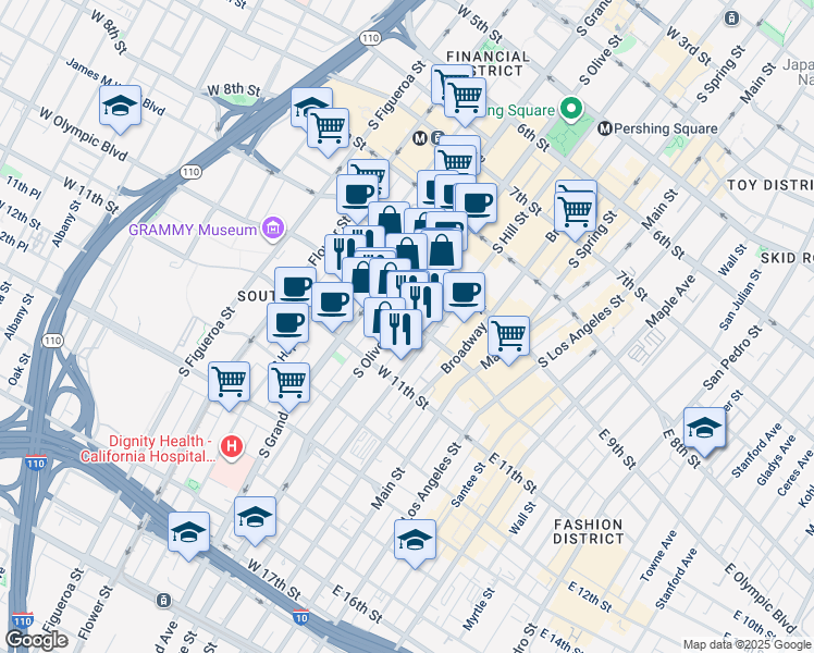 map of restaurants, bars, coffee shops, grocery stores, and more near 408 West Olympic Boulevard in Los Angeles