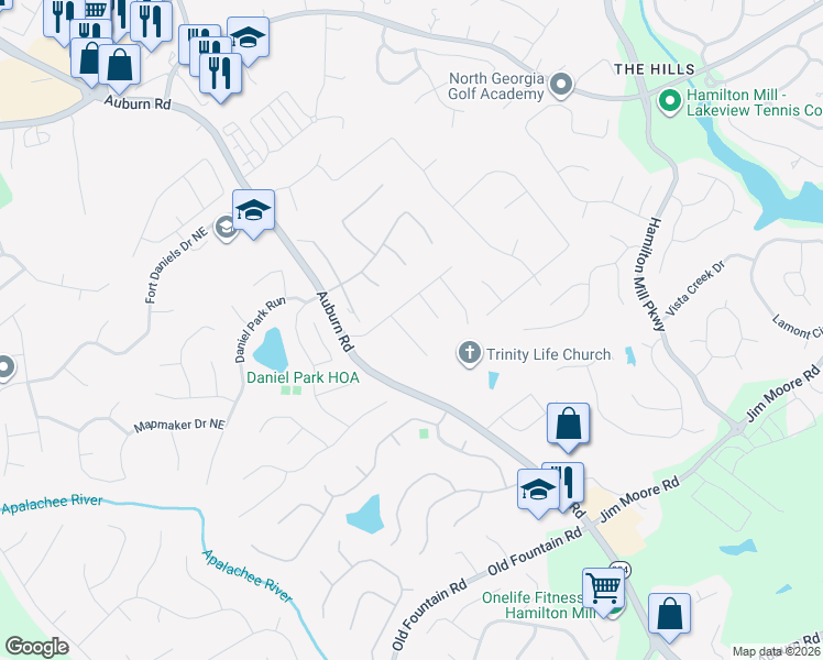 map of restaurants, bars, coffee shops, grocery stores, and more near 1581 Grants Mill Run Northeast in Dacula