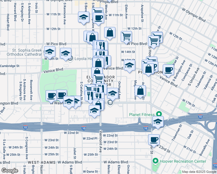 map of restaurants, bars, coffee shops, grocery stores, and more near 1723 West 17th Place in Los Angeles