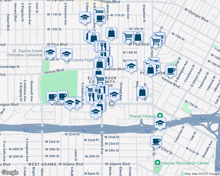 map of restaurants, bars, coffee shops, grocery stores, and more near 1724 Menlo Avenue in Los Angeles